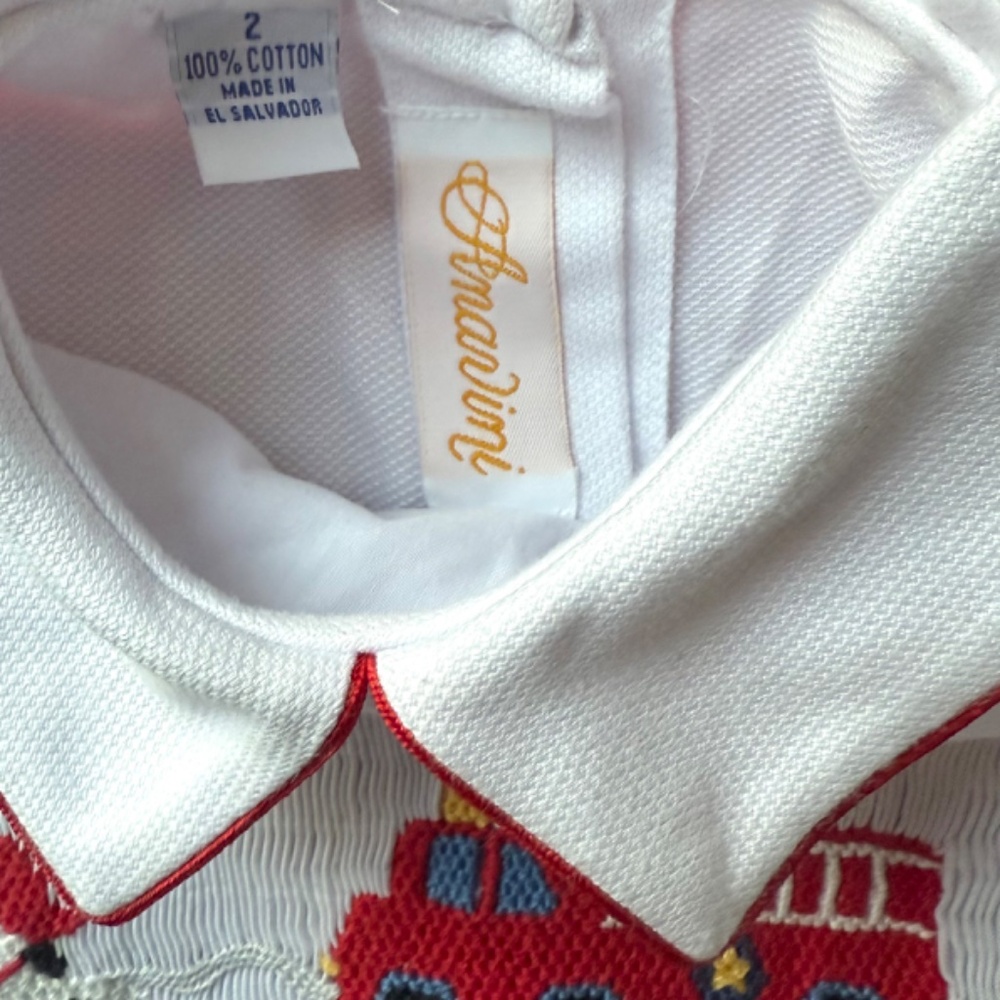 Anavini Smocked Button-On Shortall Outfit Firetruck 2 - Picture 6 of 6
